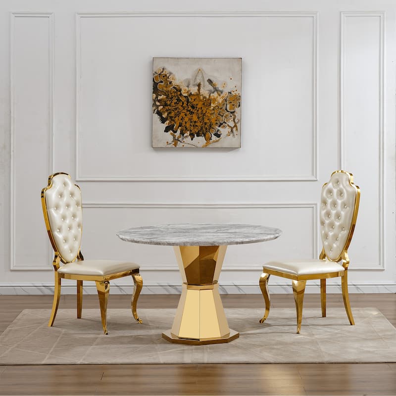 47" Round Dining Table with Faux Marble Tabletop and Stainless Steel Base - Grey+Gold