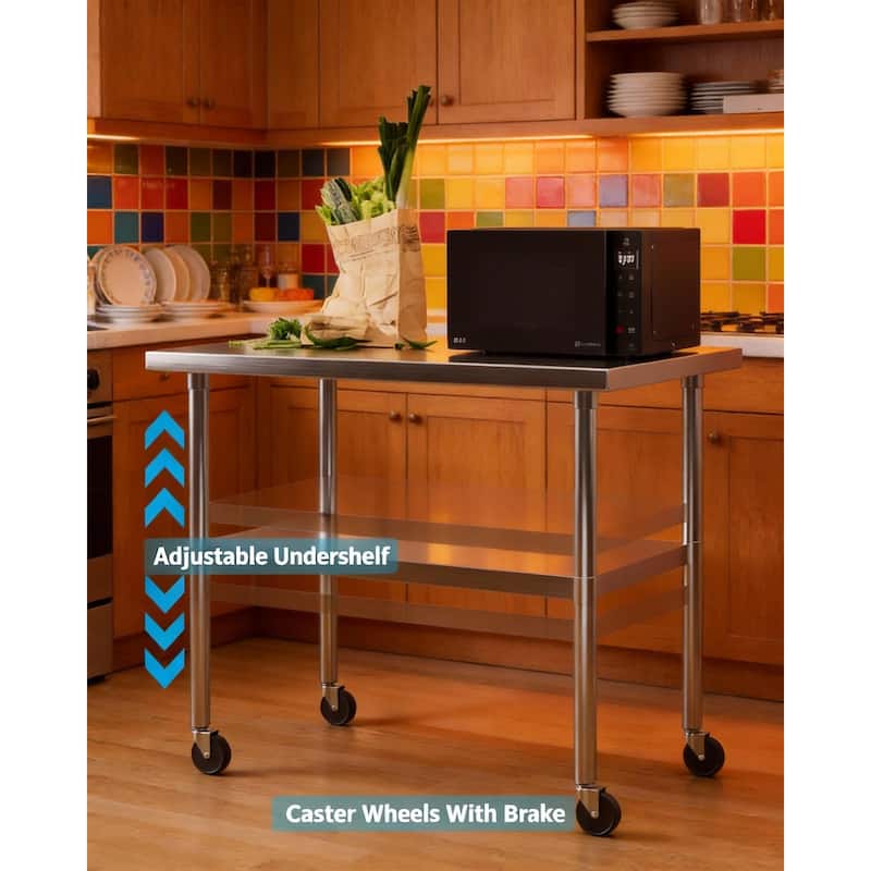 Heavy Duty Stainless Steel Work Table, with Wheels and Adjustable Bottom Shelf