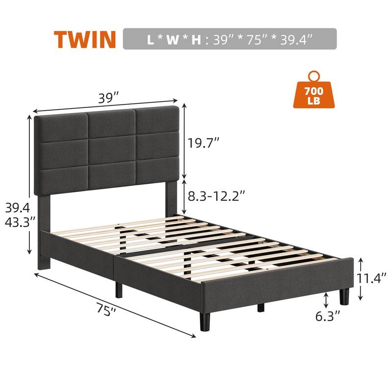 Linen Upholstered Twin Bed Frames with Solid Wooden Slats Support