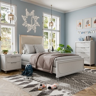 Furniture of America Drima Modern 3-Piece Pearl White Solid Wood Kids Platform Bedroom Set with LED