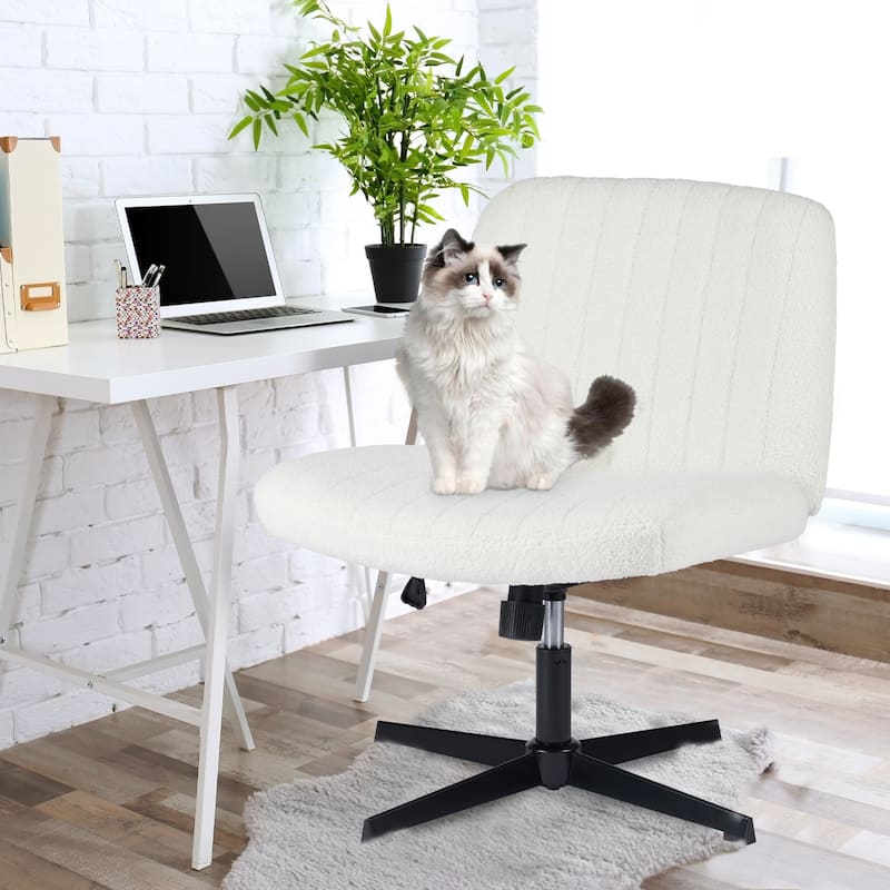 Armless Desk Chair without Wheels Wide Swivel Chair Teddy Fabric Home Office Desk Chairs