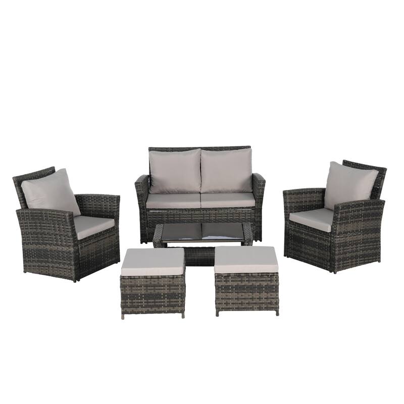 6-Piece Outdoor Patio Rattan Conversation Sofa Set with Tempered Glass Coffee Table