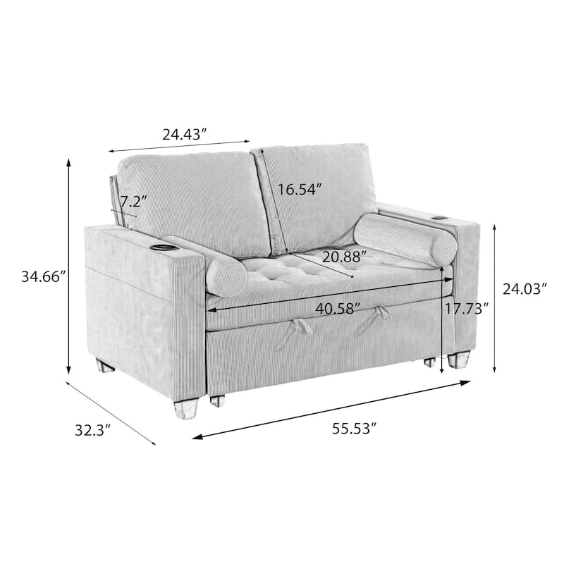 3-in-1 Pull-Out Sleeper Sofa Bed Convertible Adjustable Multi-Functional Loveseat with USB Port