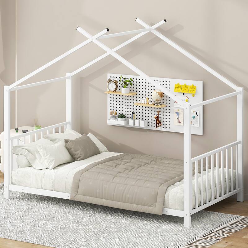 Twin Size White Metal House Platform Bed with Slat Kit, Easy Assembly - White