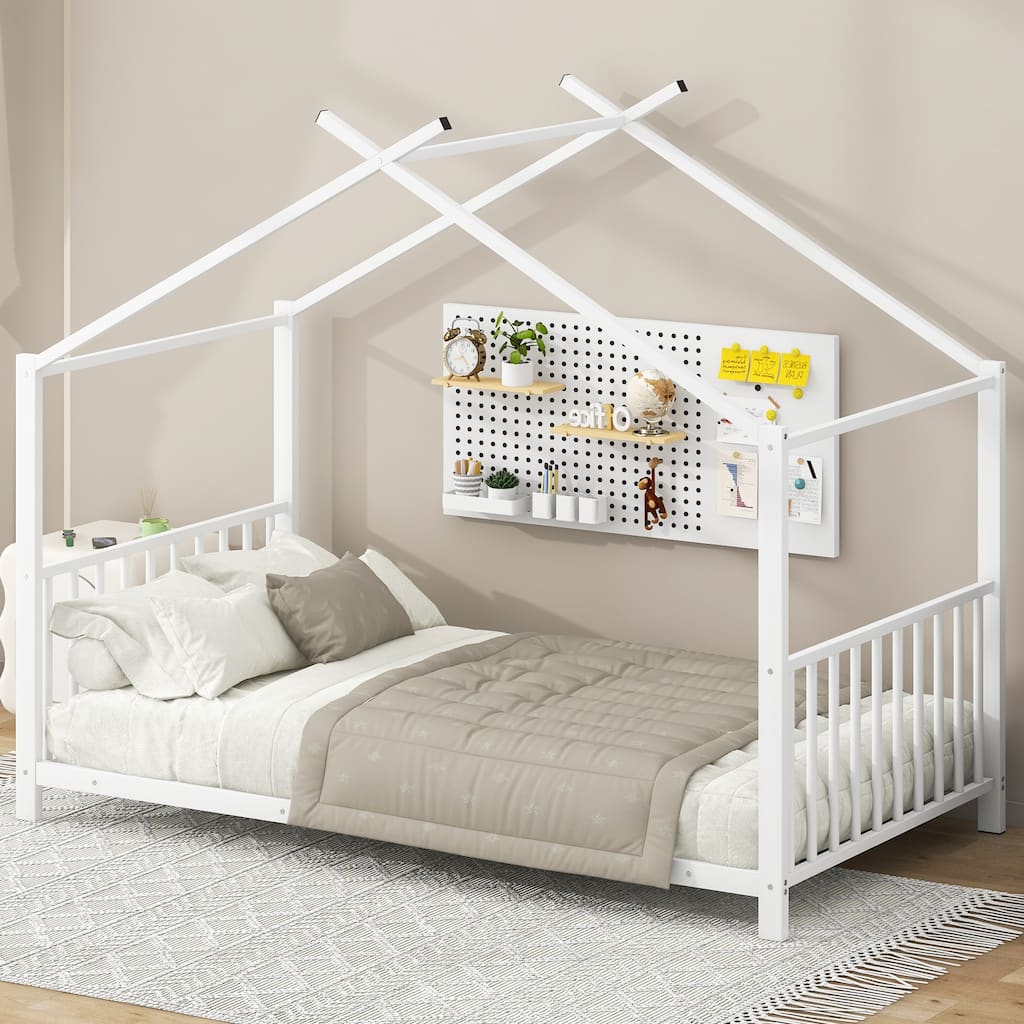 Twin Size White Metal House Platform Bed with Slat Kit, Easy Assembly