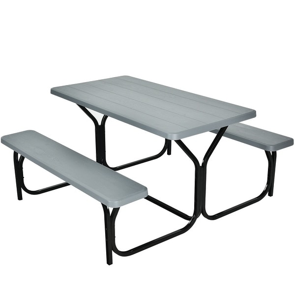 Outdoor Picnic Table Bench Set with Metal Base-Grey