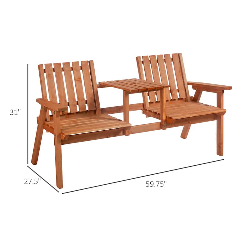 Outsunny Outdoor Patio Wooden Double Chair Garden Bench with Middle Table & Natural Weather-Fighting Materials - 60" x 28" x 31