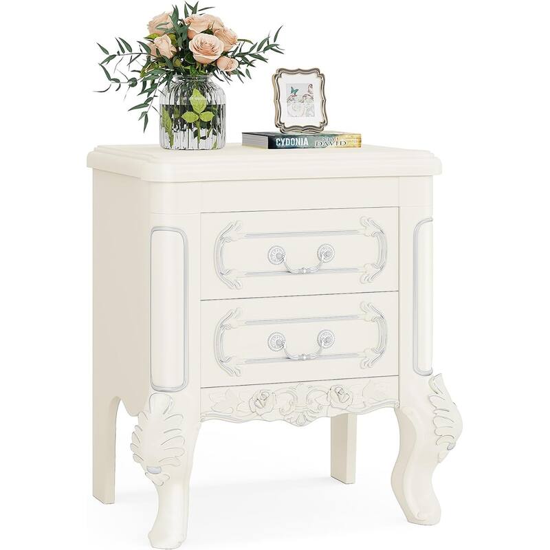 White Nightstand with Drawers - 20"Classic Carved End Table, 2-Drawer Bedside Table for Bedroom, Elegant Wood Side Table