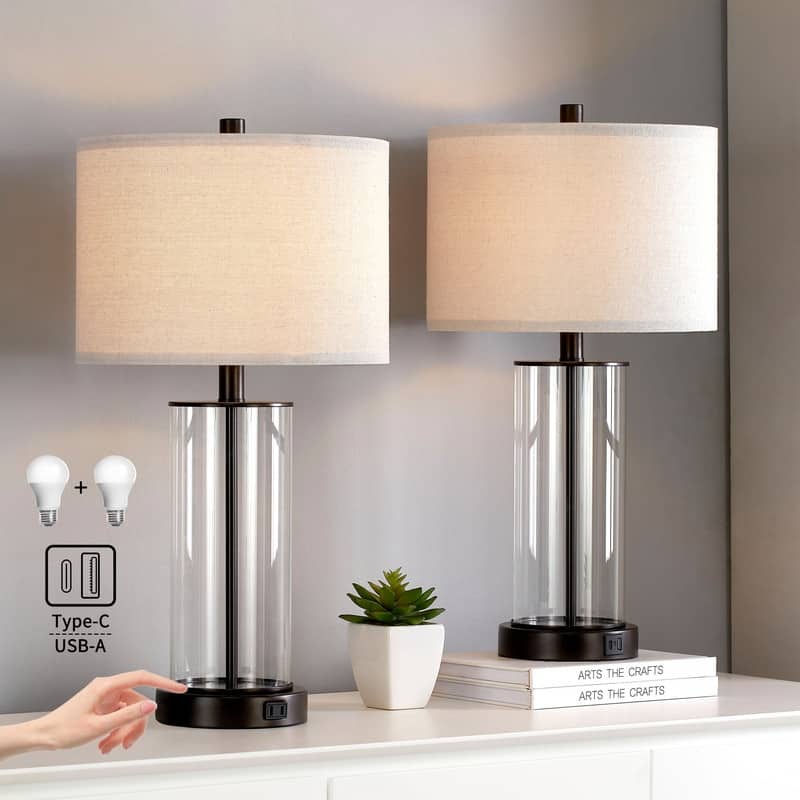 KAWOTI 23.25" Touch Control Table Lamp Set with USB Port and Bulbs - Black