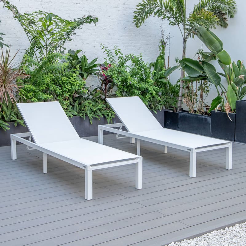 Aluminum Beach Pool Sun Lounge Chair Sling Mesh Fabric Reclining Stackable Lounger Chair (Set of 2) - White
