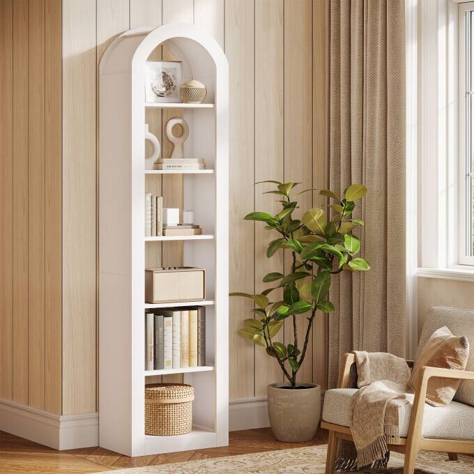 74.8-Inch Arched Tall Bookshelf, 6-Tier Rustic Wooden Bookcase
