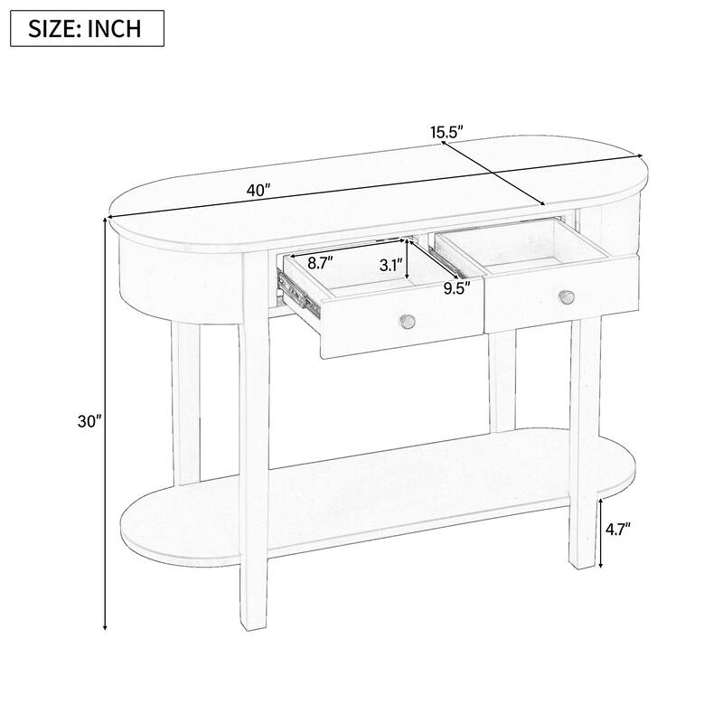 Curved Console Table with 2 Storage Drawers and Metal Handles, Wooden Hallway Tables Entryway Table wOpen Storage Shelf