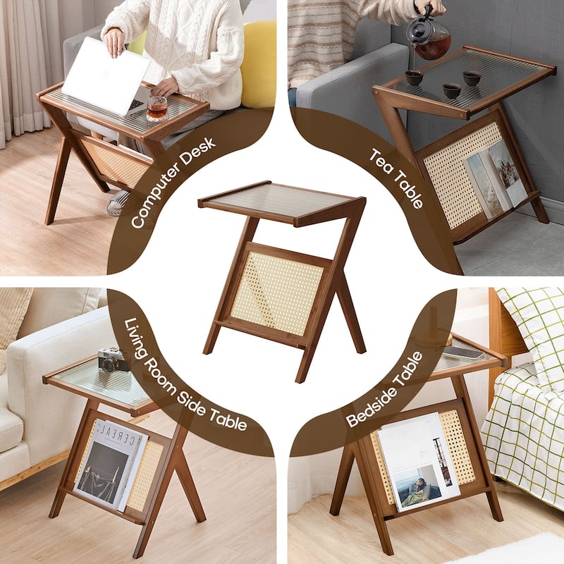 Bamboo Glass Top End Table, Accent Side Table w/ Storage Rack