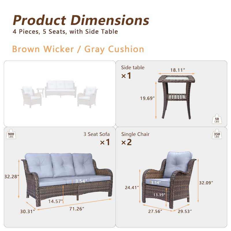 4 Piece Wicker Outdoor Patio Furniture Set High Back Chair and Sofa