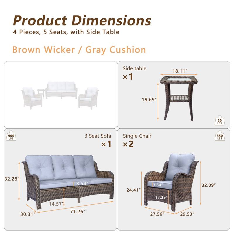 Brown Wicker Outdoor Patio Furniture Sofa Set with Denim Blue Cushions