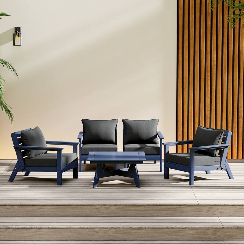 Birchwood All Weather HDPE Outdoor Patio Navy Blue Deep Seating Conversation Set (5-Piece Set) - Navy Blue/Gray