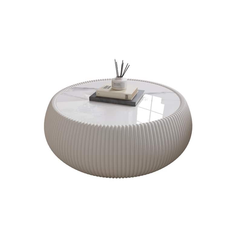 27.55" Modern Drum-shaped Marble Top Coffee Table with Microfiber Leather