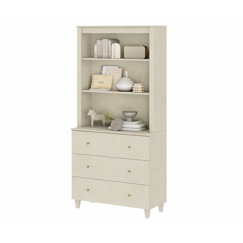 Modern 71" Tall Bookcase with Drawers & Open Shelves for Home Office - 3-Tier - Beige Linen Printed