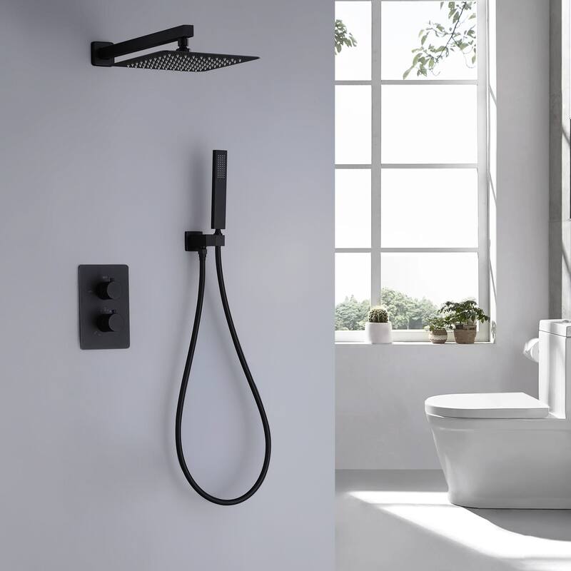 Luxury Thermostatic Complete Rain Shower System with Rough-in Valve in Black / Gold - Black