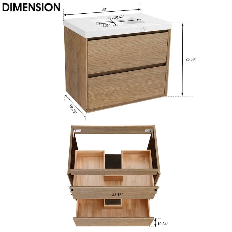 24"30"36"48"60"72" Floating Bathroom Vanity Engineered Stone Top with Rectangular Ceramic Undermount Sink