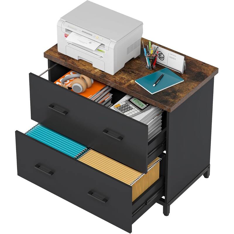 2-Drawer Lateral File Cabinet, Rustic Wood Filing Cabinet, A4/Letter Size, Printer Stand with Storage & Heavy-Duty Steel Frame
