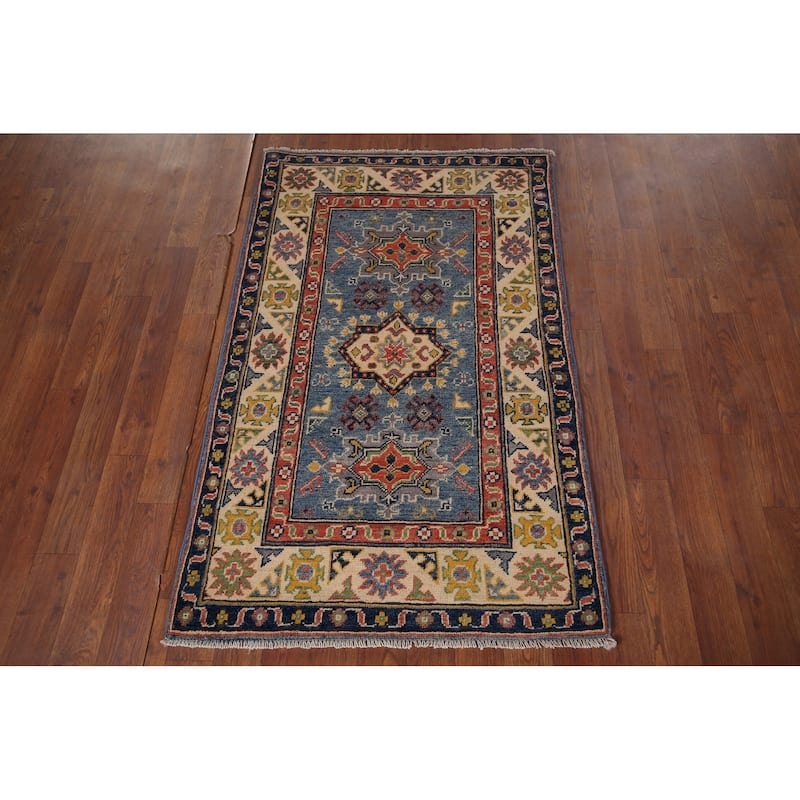 Blue Kazak Foyer Rug Handmade Floral Wool Handmade Wool Carpet - 2'7" x 4'0"