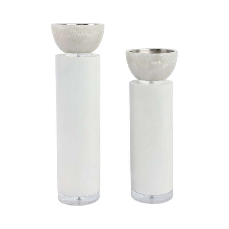 Candle Holders Set of 2 - White Resin Cylinder, 11/13" - 12.5"