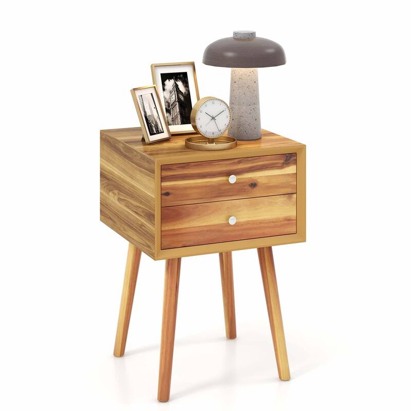 Costway End Table W/Drawers and Storage Wooden Mid-Century Accent Side - Walnut