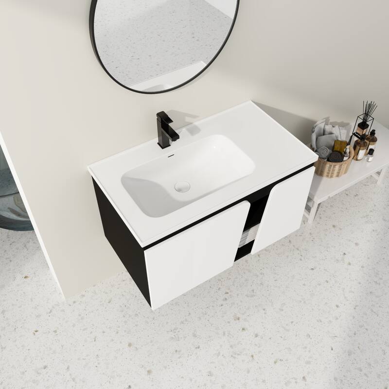 Wall-Mounted Bathroom Vanity with Ceramic Sink, Soft-Close Doors, Eco-Friendly Plywood Cabinet, and Ample Storage