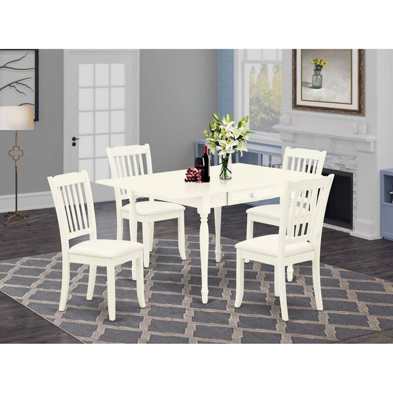HomeStock 5-Pc Linen White Finish Solid Wood Top - Dining Room Set with Dropleaf - Seats 4