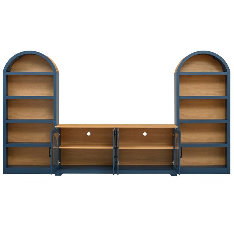 3-Piece Entertainment Center with Bookshelves for TVs up to 70", Retro Wall Unit TV Stand with Glass Doors, Media Console Table