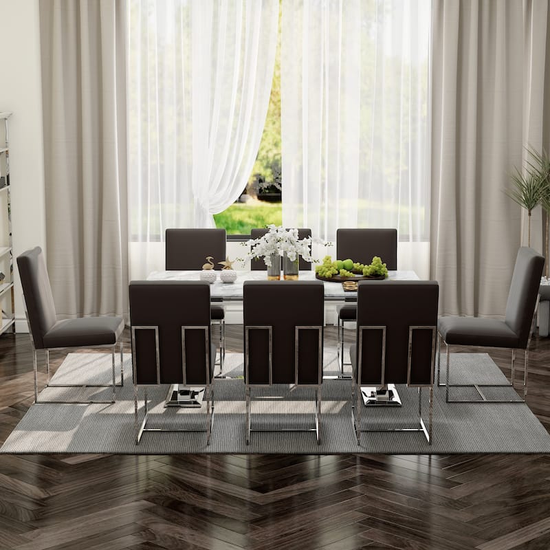 White and Gold Dining Room Table Set with 72 inch Table and White PU Leather Dining Chairs