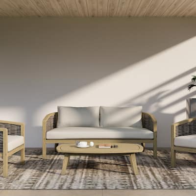 WyndenHall Iris 70 inch Wide Contemporary Outdoor Sofa in Natural Polyester Fabric, Fully Assembled