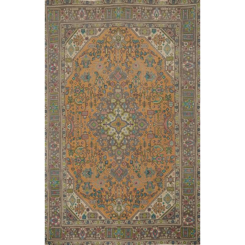 Hand Knotted Oriental 100% Wool Carpet Traditional Floral Oranges & Rust Tabriz Area Rug - 9' 6'' X 6' 5''