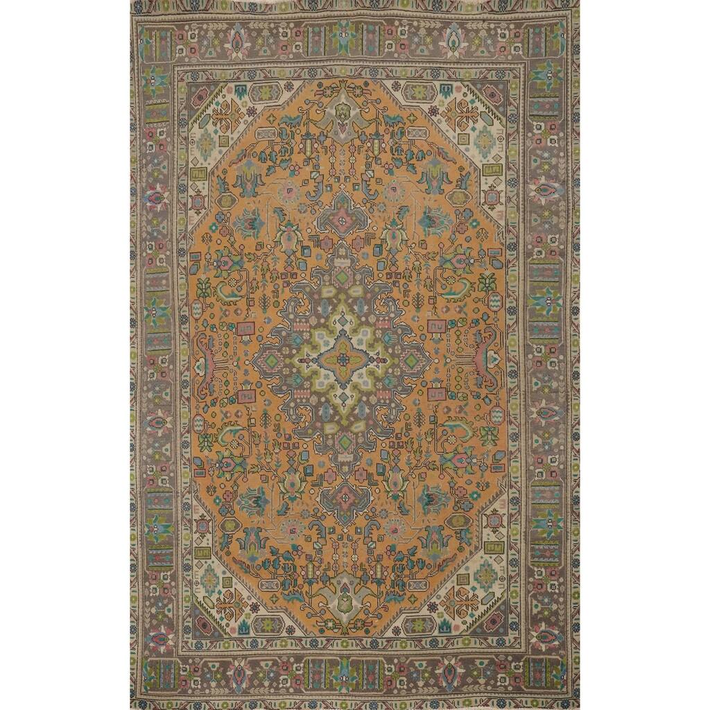 Hand Knotted Oriental 100% Wool Carpet Traditional Floral Oranges & Rust Tabriz Area Rug - 9' 6'' X 6' 5''