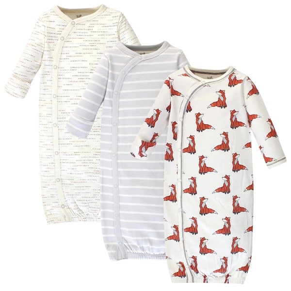 slide 1 of 1, Touched by Nature Baby Boy Organic Cotton Side-Closure Snap Long-Sleeve Gowns 3pk, Boho Fox Preemie - Boho Fox