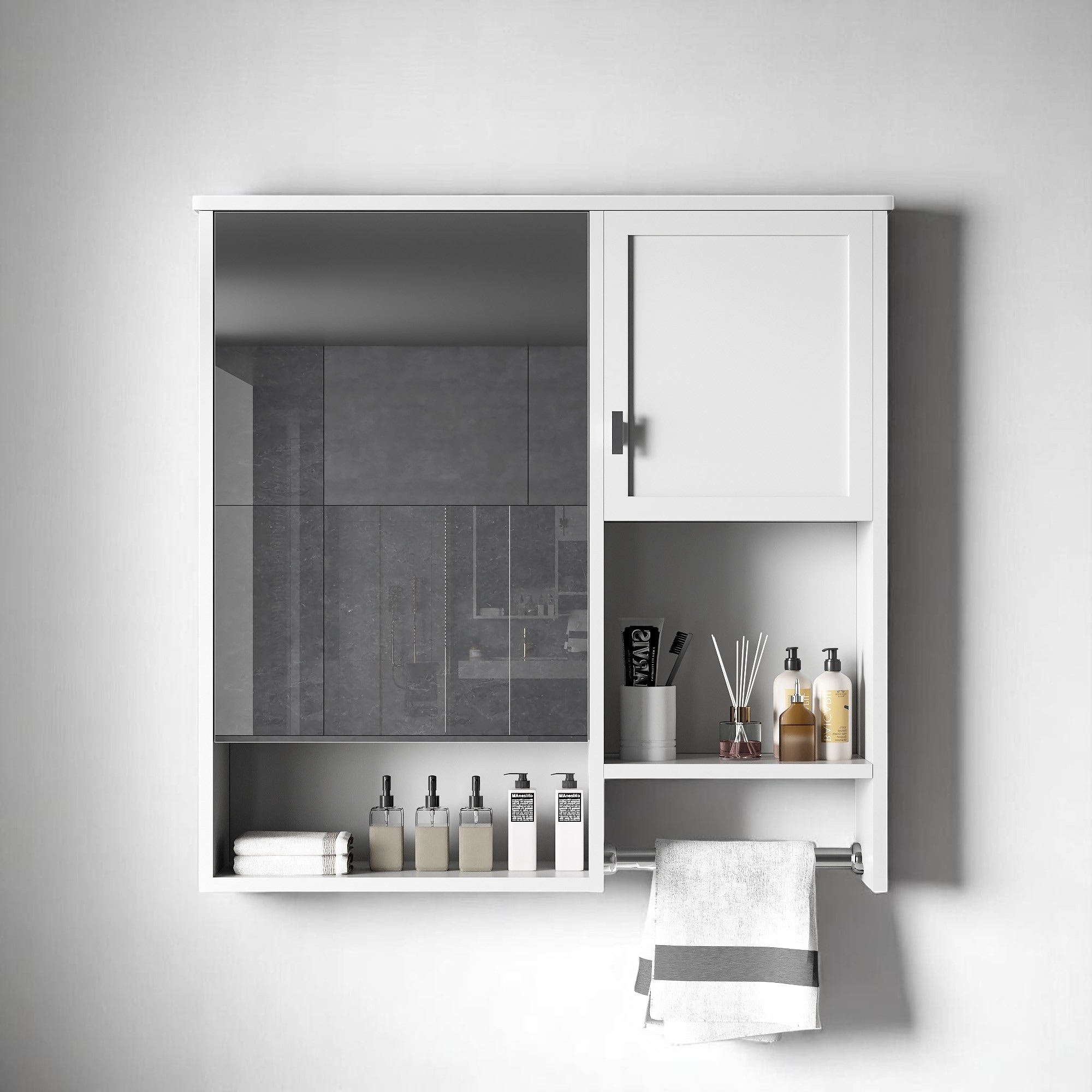 Modern 29" Bathroom Wall Cabinet with Mirror, 2 Doors, Adjustable Shelf, and Over-the-Toilet Towel Bar