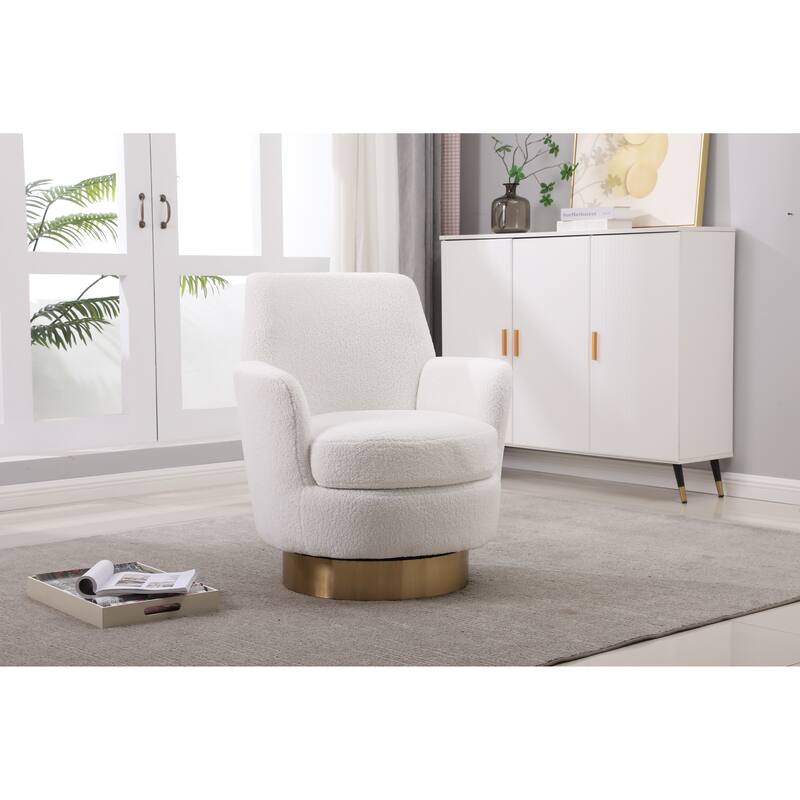 Ivory Faux Fur Modern 29.3" Upholstered Swivel Barrel Chair with Gold Stainless Steel Base