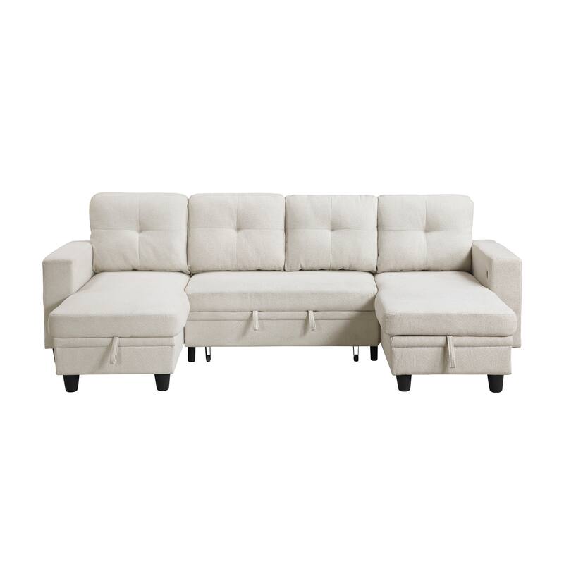 Hazel Boucle Sectional Sofa - Two Chaises, Pull-out Bed, Shelves