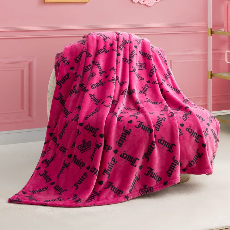 Juicy Couture Printed Plush Throw Blankets - Hot Pink/Black - 50"x70"