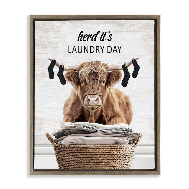 Stupell Laundry Cattle with Hanging Socks Framed Floater Canvas Wall Art Design By Lettered and Lined - 17 x 21 - Brown