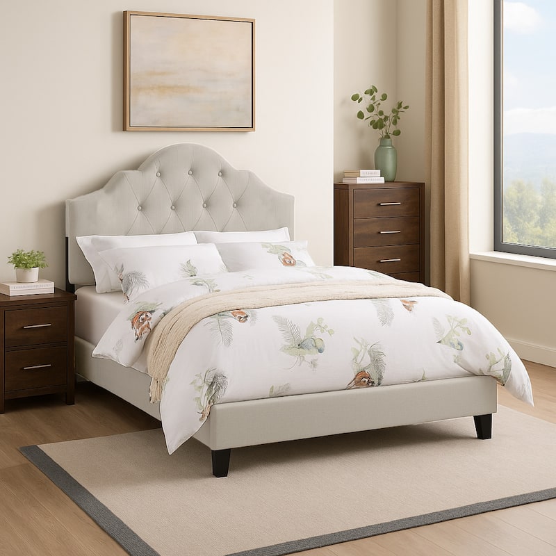 Eni Upholstered Full Size Bed, Tufted Adjustable Headboard, Taupe Fabric