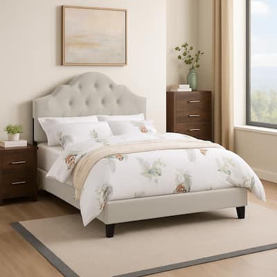 Eni Upholstered Full Size Bed, Tufted Adjustable Headboard, Taupe Fabric
