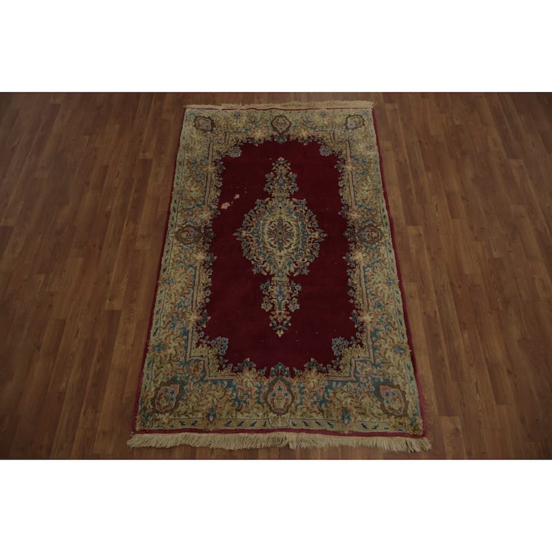 Hand Knotted Oriental 100% Wool Carpet Traditional Floral Red Kerman Area Rug - 6' 8'' X 4' 0''