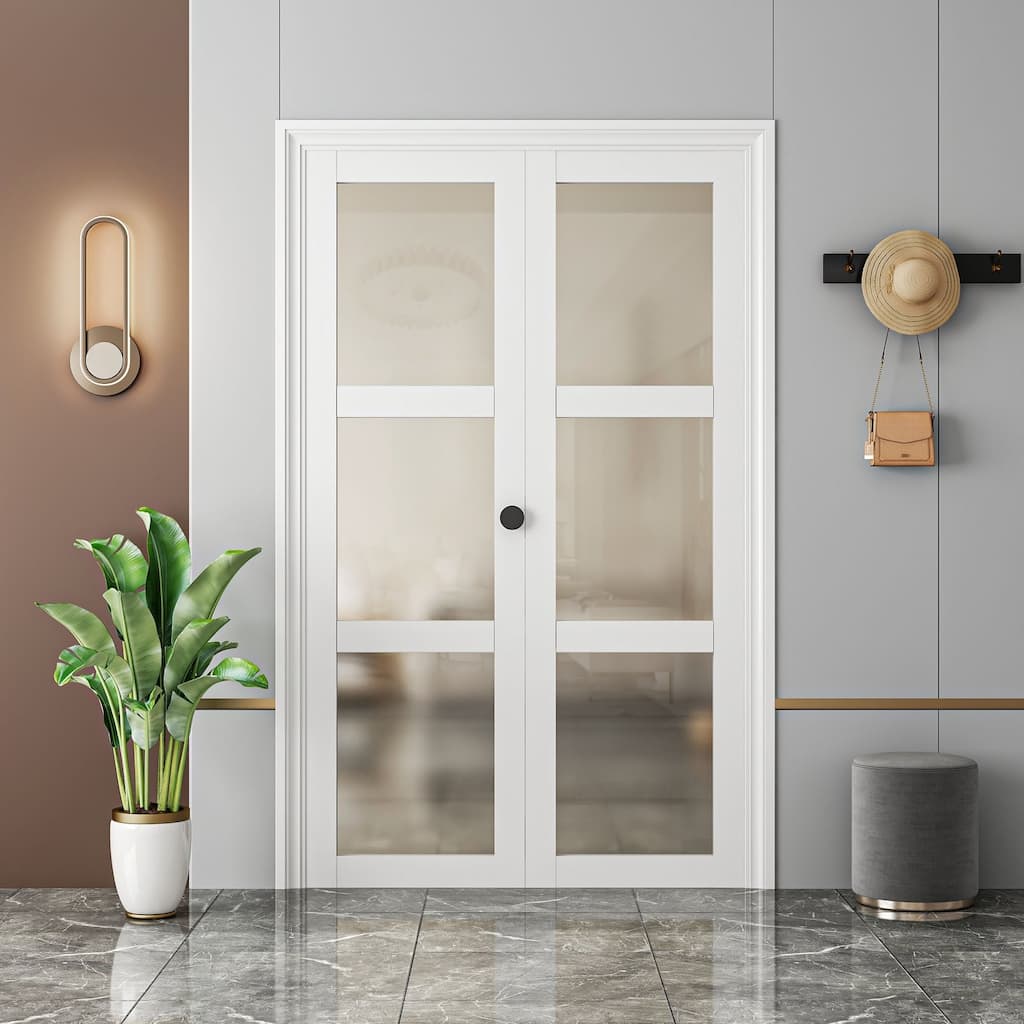 80 in.White Double 3-Lite Bi-Fold Doors Frosted Glass Solid Manufactured With Installation Hardware Kit