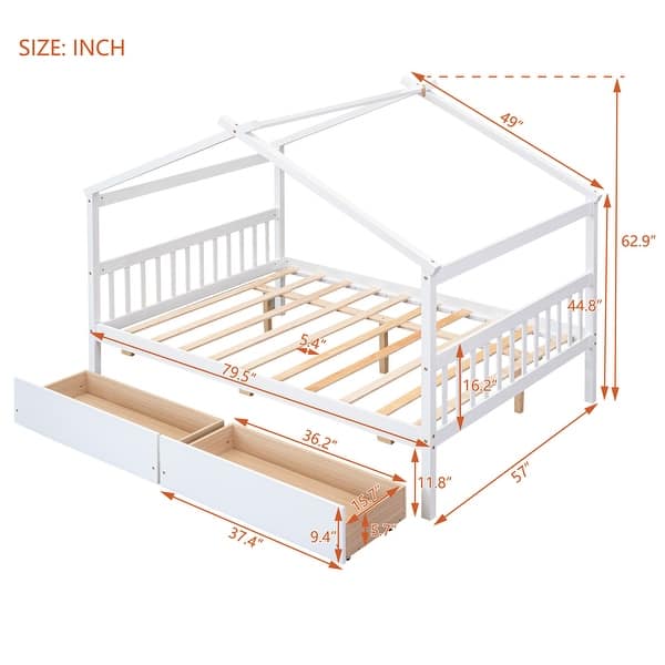 dimension image slide 1 of 3, Full Size Wooden House Bed with Drawers Storage Bed for Kids, Teens, Girls, Boys Upholstered Platform Bed Easy Assembly