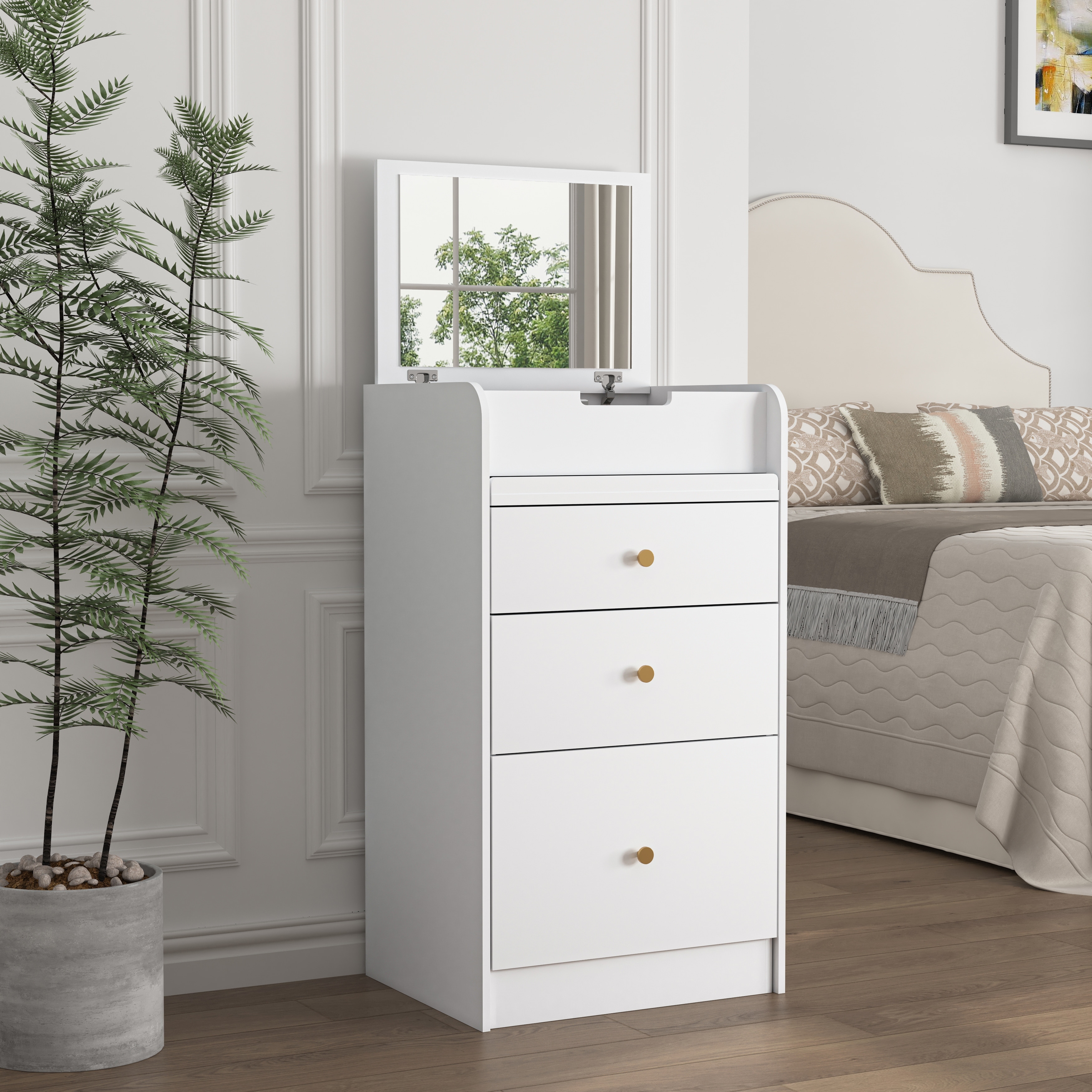 Small Dresser with Mirror - White Vanity Set Makeup Table with Chair,  Drawers, Mini Space Saving Cute Dresser - White