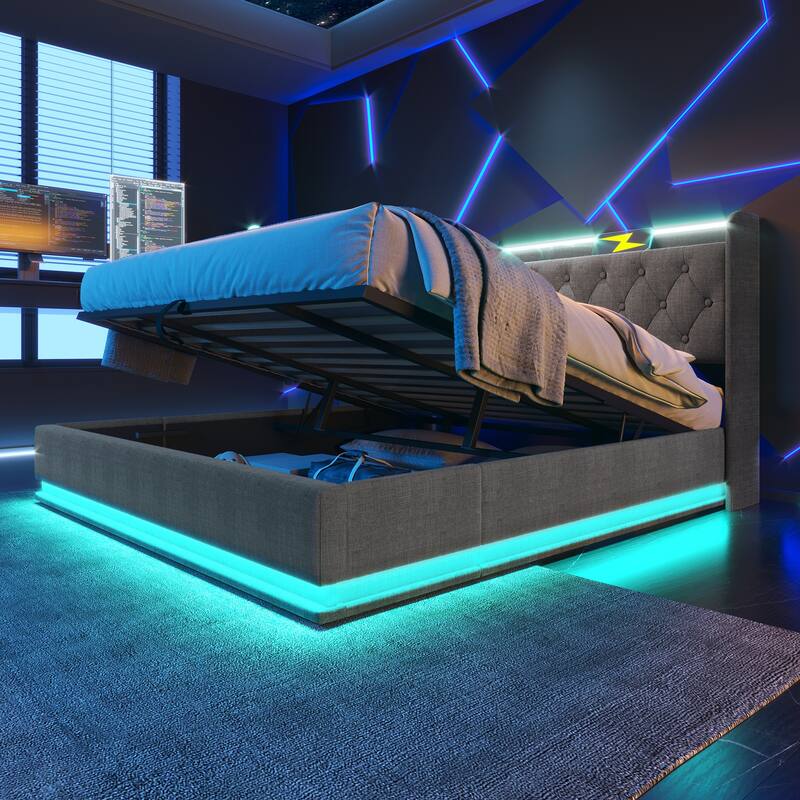 King Size Platform Bed Underbed Storage Bed with Wingback Tufted Headboard, USB and 360 Surround LED Strip, Linen Upholstered