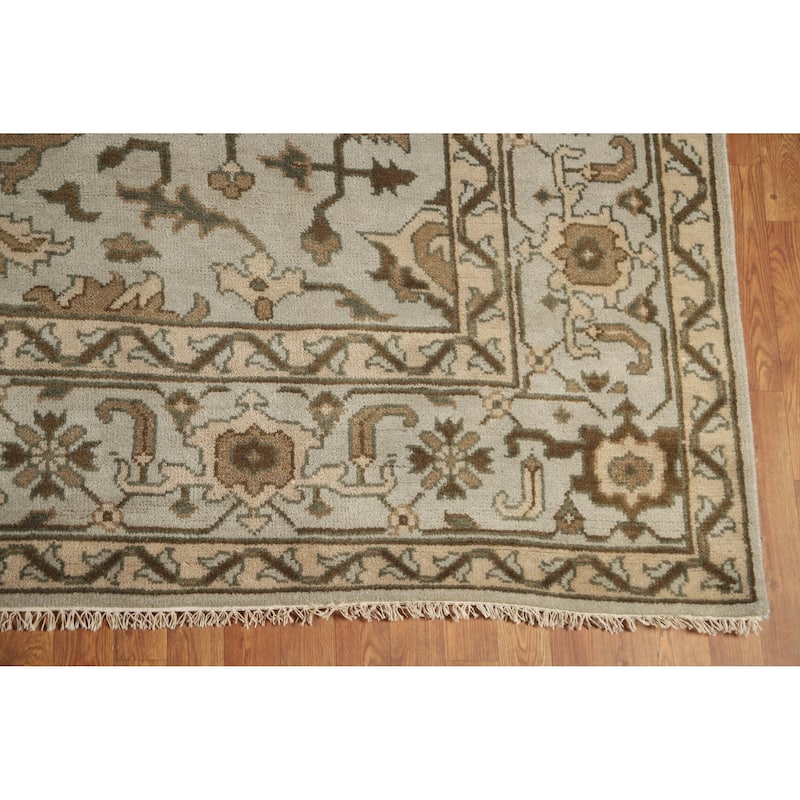 Earth Tone Oushak Area Rug Hand-Knotted Floral Beige Wool Carpet - 9'3" x 12'1"