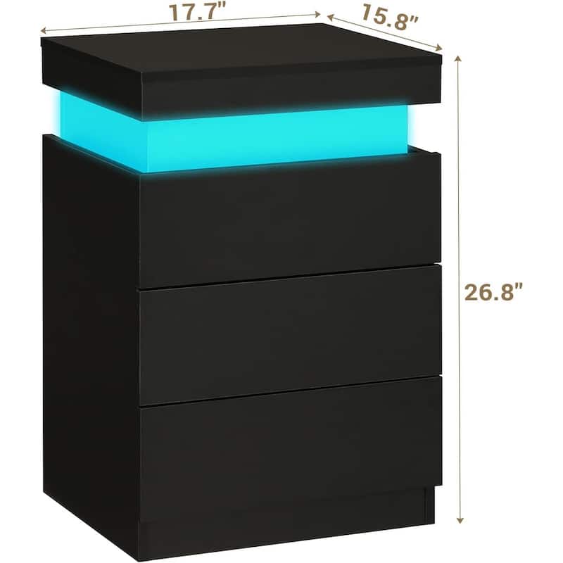 Bedroom Nightstand Charging Station LED Lights Sliding Top 3 Drawers